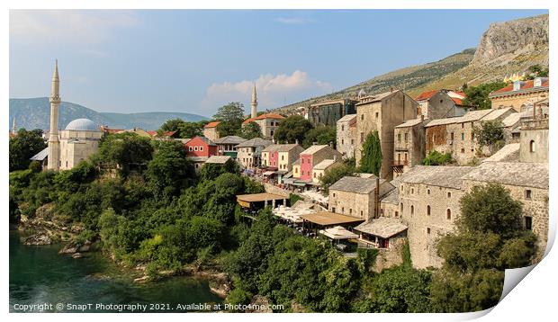 The old town of Mostar looking upstream from the historic old arched bridge Print by SnapT Photography