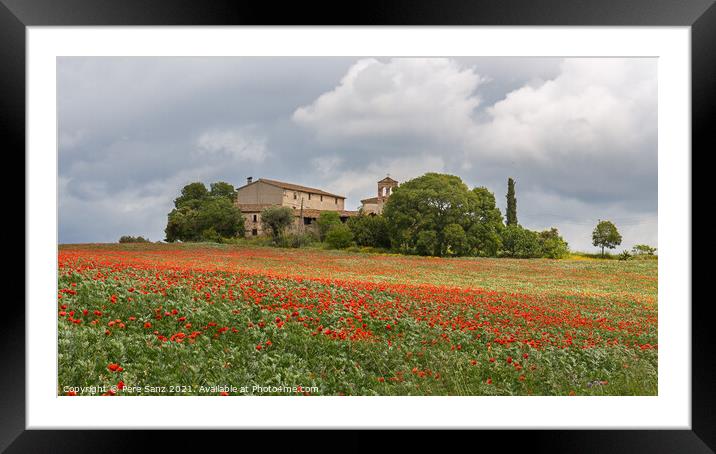 Poppies field around a rural country house in Catalonia Framed Mounted Print by Pere Sanz