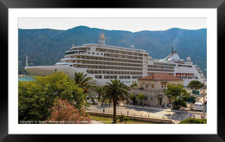 A cruise ship moored at the harbour at the old town in Kotor, Montenegro Framed Mounted Print by SnapT Photography