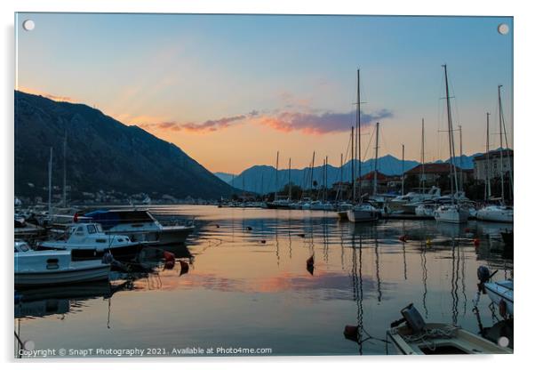 Boats moored in Kotor harbour at sunset, by the old town, Montenegro Acrylic by SnapT Photography