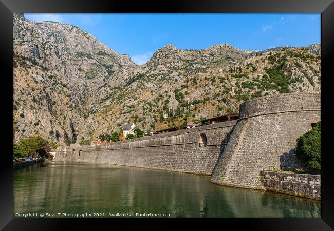 The Kampana Tower and city walls of the Old Town of Kotor, Montenegro Framed Print by SnapT Photography