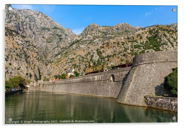 The Kampana Tower and city walls of the Old Town of Kotor, Montenegro Acrylic by SnapT Photography