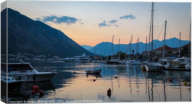 Twilight over the harbour of the Old Town of Kotor, Montenegro Canvas Print by SnapT Photography
