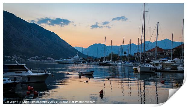 Twilight over the harbour of the Old Town of Kotor, Montenegro Print by SnapT Photography