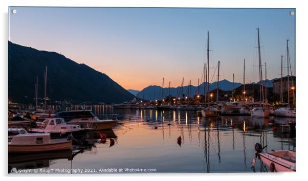 Sunset reflecting over the harbour of the Old Town of Kotor, Montenegro Acrylic by SnapT Photography