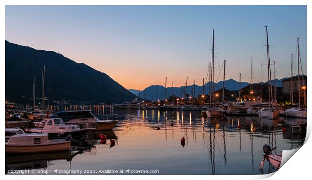 Sunset reflecting over the harbour of the Old Town of Kotor, Montenegro Print by SnapT Photography