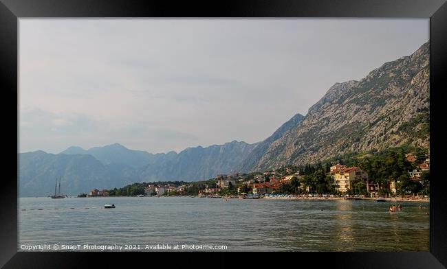 A view of the Bay of Kotor and old town, on the Gulf of Kotor, Montenegro Framed Print by SnapT Photography
