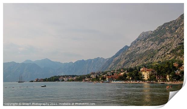 A view of the Bay of Kotor and old town, on the Gulf of Kotor, Montenegro Print by SnapT Photography