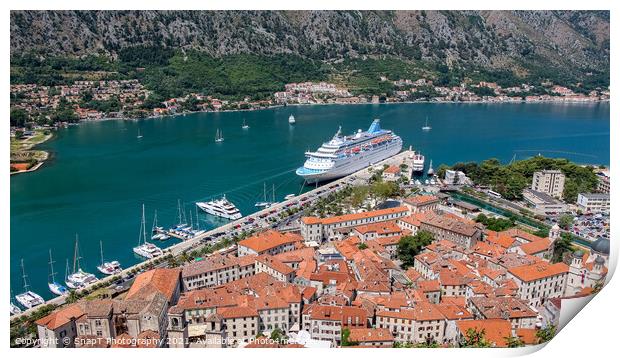A cruise ship moored at the UNESCO World Heritage Site of the Old Town of Kotor Print by SnapT Photography