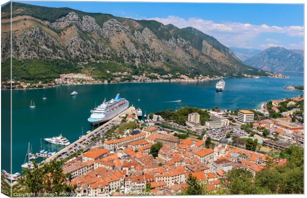 A view down the fjord at Kotor Bay, beside the old town in Kotor, Montenegro Canvas Print by SnapT Photography
