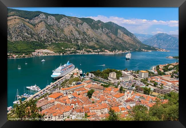 A view down the fjord at Kotor Bay, beside the old town in Kotor, Montenegro Framed Print by SnapT Photography