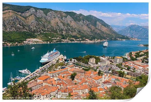 A view down the fjord at Kotor Bay, beside the old town in Kotor, Montenegro Print by SnapT Photography