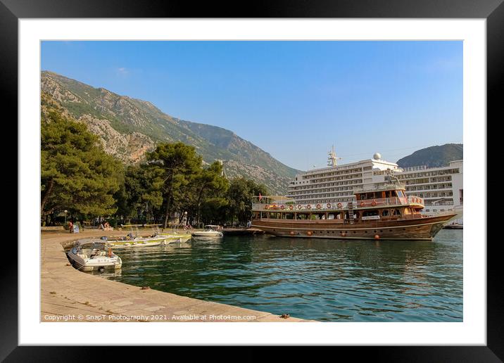 Ferries and cruise ships moored at the harbour in Kotor, Montenegro Framed Mounted Print by SnapT Photography