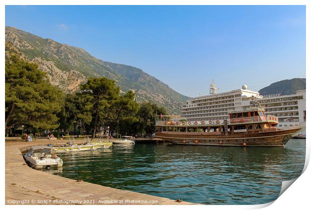 Ferries and cruise ships moored at the harbour in Kotor, Montenegro Print by SnapT Photography