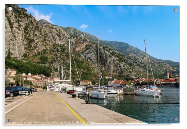 Luxury yachts moored at the harbour in the Old Town of Kotor, Montenegro Acrylic by SnapT Photography