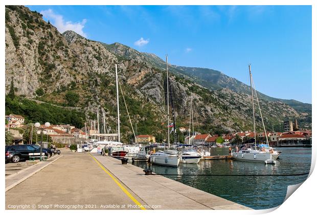 Luxury yachts moored at the harbour in the Old Town of Kotor, Montenegro Print by SnapT Photography