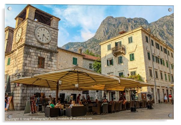 A cafe at the Clock Tower at the Square of Arms, the Old Town of Kotor Acrylic by SnapT Photography
