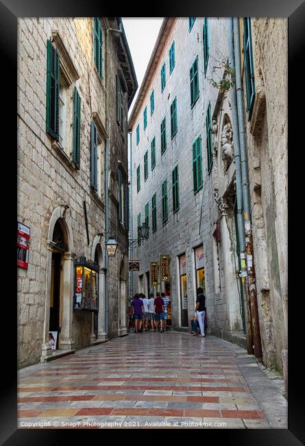 A narrow street in the Old Town of Kotor, with Medieval architecture Framed Print by SnapT Photography