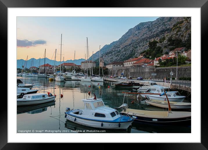 Sunset at the harbour with boats, in the Old Town of Kotor, Montenegro Framed Mounted Print by SnapT Photography