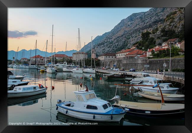 Sunset at the harbour with boats, in the Old Town of Kotor, Montenegro Framed Print by SnapT Photography