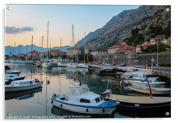 Sunset at the harbour with boats, in the Old Town of Kotor, Montenegro Acrylic by SnapT Photography