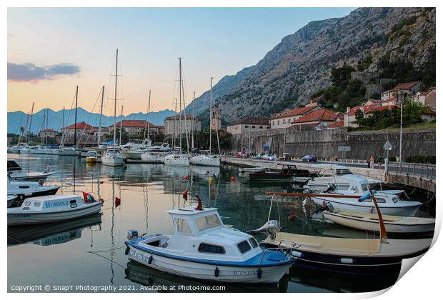 Sunset at the harbour with boats, in the Old Town of Kotor, Montenegro Print by SnapT Photography
