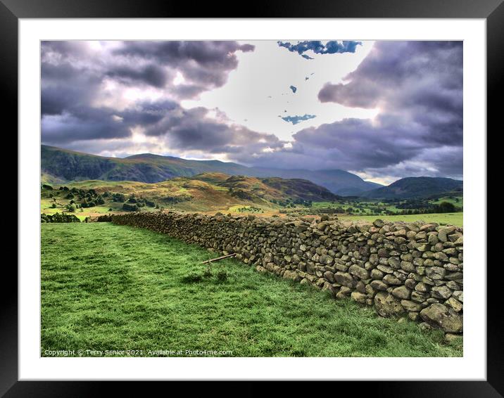 Cumbria, Dramatic Skys, Drystone Walling, HDR, Lake District, Mountains Framed Mounted Print by Terry Senior