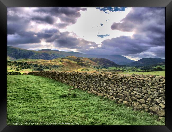 Cumbria, Dramatic Skys, Drystone Walling, HDR, Lake District, Mountains Framed Print by Terry Senior