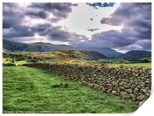 Cumbria, Dramatic Skys, Drystone Walling, HDR, Lake District, Mountains Print by Terry Senior