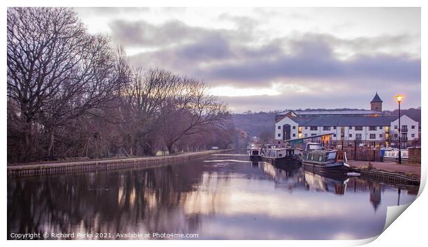 A calm morning on the Leeds - Liverpool canal Print by Richard Perks