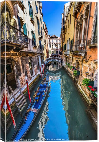 Colorful Gondola Small Side Canal Bridge Venice Italy Canvas Print by William Perry