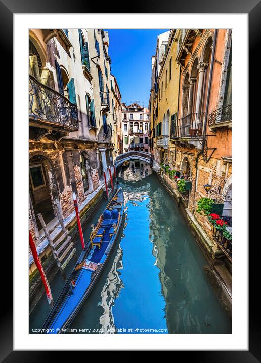 Colorful Gondola Small Side Canal Bridge Venice Italy Framed Mounted Print by William Perry