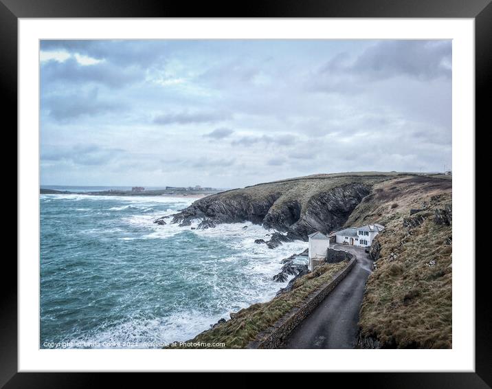 Rough seas at Lewinnick Cove near Newquay Cornwall Framed Mounted Print by Linda Cooke
