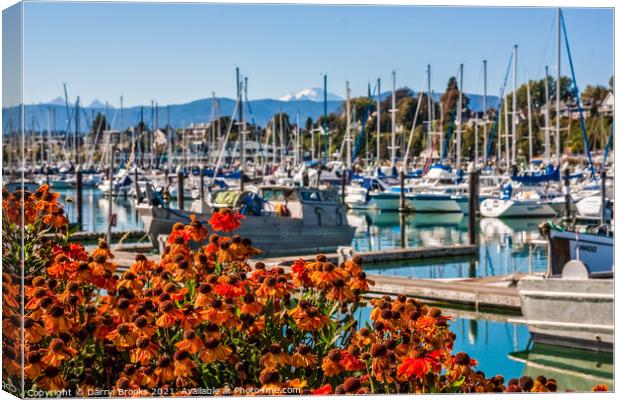 Flowers in Front of Marina and Mountain Canvas Print by Darryl Brooks