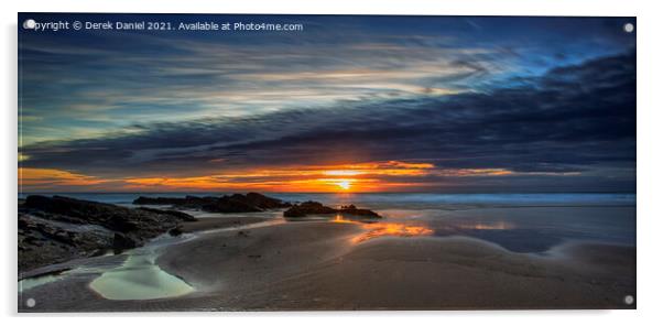 Crooklets Beach Sunset, Bude, Cornwall (panoramic) Acrylic by Derek Daniel