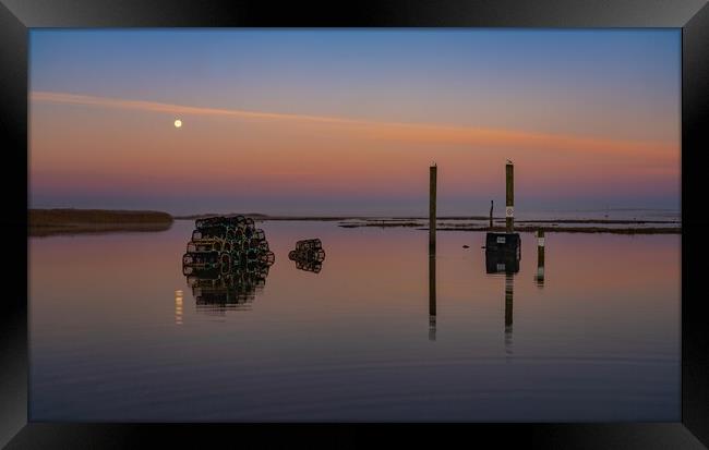 A setting moon at Brancaster Staithe  Framed Print by Gary Pearson