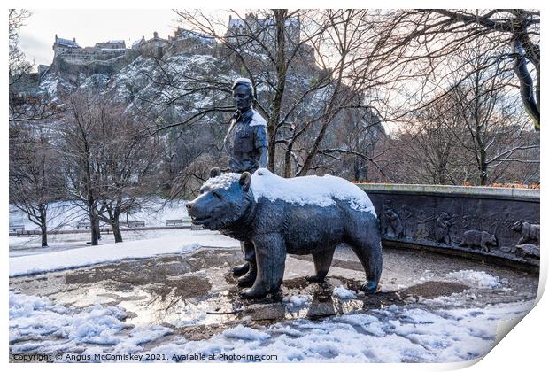 Wojtek the Soldier Bear Memorial in snow Edinburgh Print by Angus McComiskey