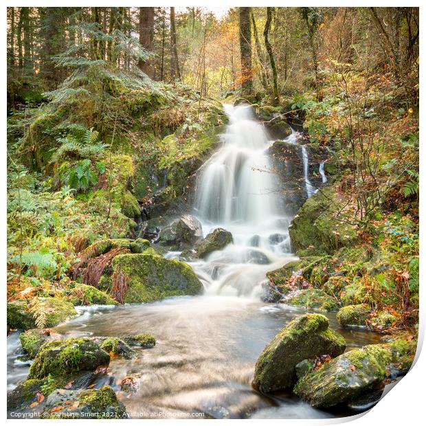 A Sunlit Forest Autumn Waterfall - Snowdonia Lands Print by Christine Smart