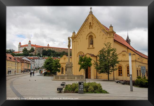 St. Stephan Capuchin Church and Marian column in the old town in Bratislava Framed Print by SnapT Photography