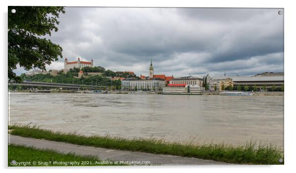 A view across the River Danube of Bratislava and Castle, Slovakia Acrylic by SnapT Photography