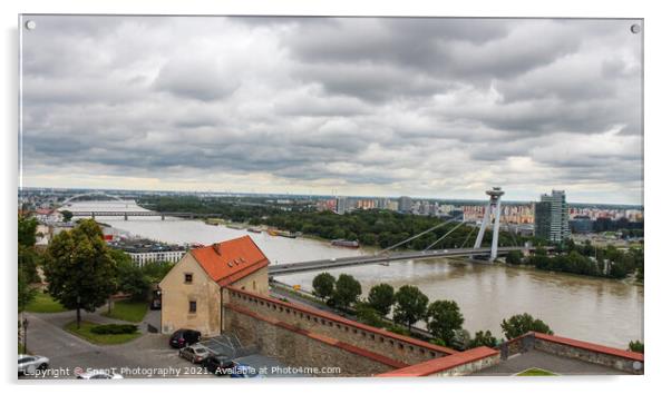 A view across the River Danube, Most SNP Bridge, and Ovsiste, Bratislava Acrylic by SnapT Photography