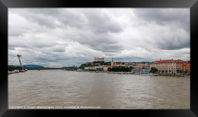 A view of the River Danube, Bratislava and Castle, Stary Most Bridge, Slovakia Framed Print by SnapT Photography