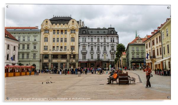 The Main Square in Bratislava next to Maximilin's fountain, old town, Slovakia Acrylic by SnapT Photography