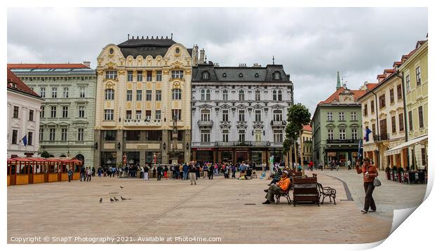 The Main Square in Bratislava next to Maximilin's fountain, old town, Slovakia Print by SnapT Photography