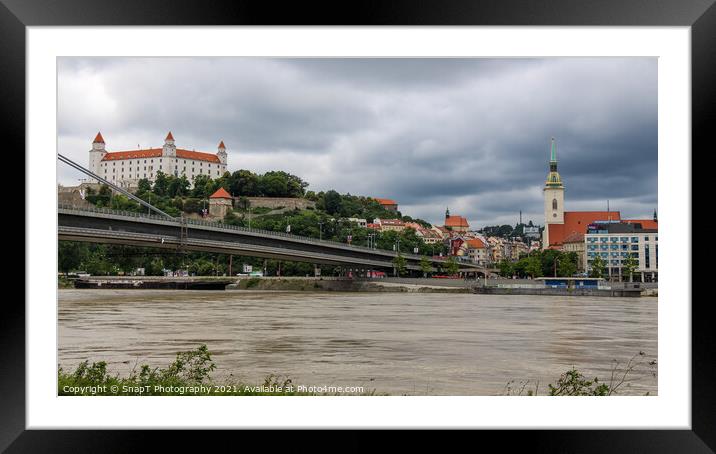 Bratislava Castle over looking the River Danube and the Most SNP Bridge Framed Mounted Print by SnapT Photography