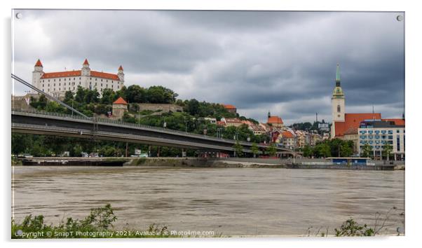 Bratislava Castle over looking the River Danube and the Most SNP Bridge Acrylic by SnapT Photography