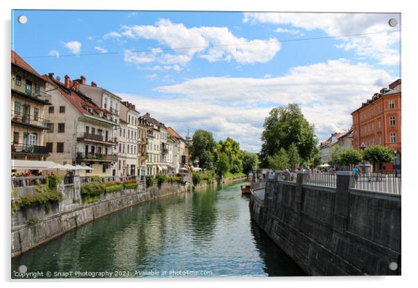 The Ljublijanica River in central Ljubljana from Cobblers Bridge, Slovenia Acrylic by SnapT Photography