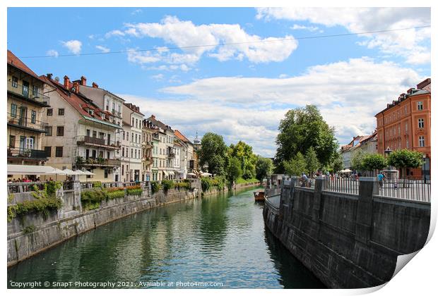 The Ljublijanica River in central Ljubljana from Cobblers Bridge, Slovenia Print by SnapT Photography