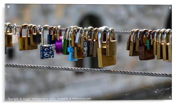 Close up of the padlocks on Butchers Bridge in old medieval Ljubljana, Slovenia Acrylic by SnapT Photography