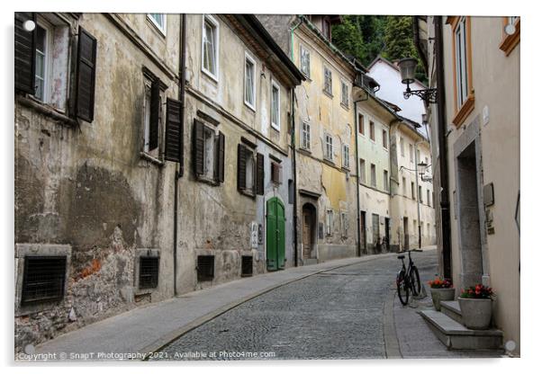An old, historic, medieval street in Ljubljana, near Ljubljana castle, Slovenia Acrylic by SnapT Photography